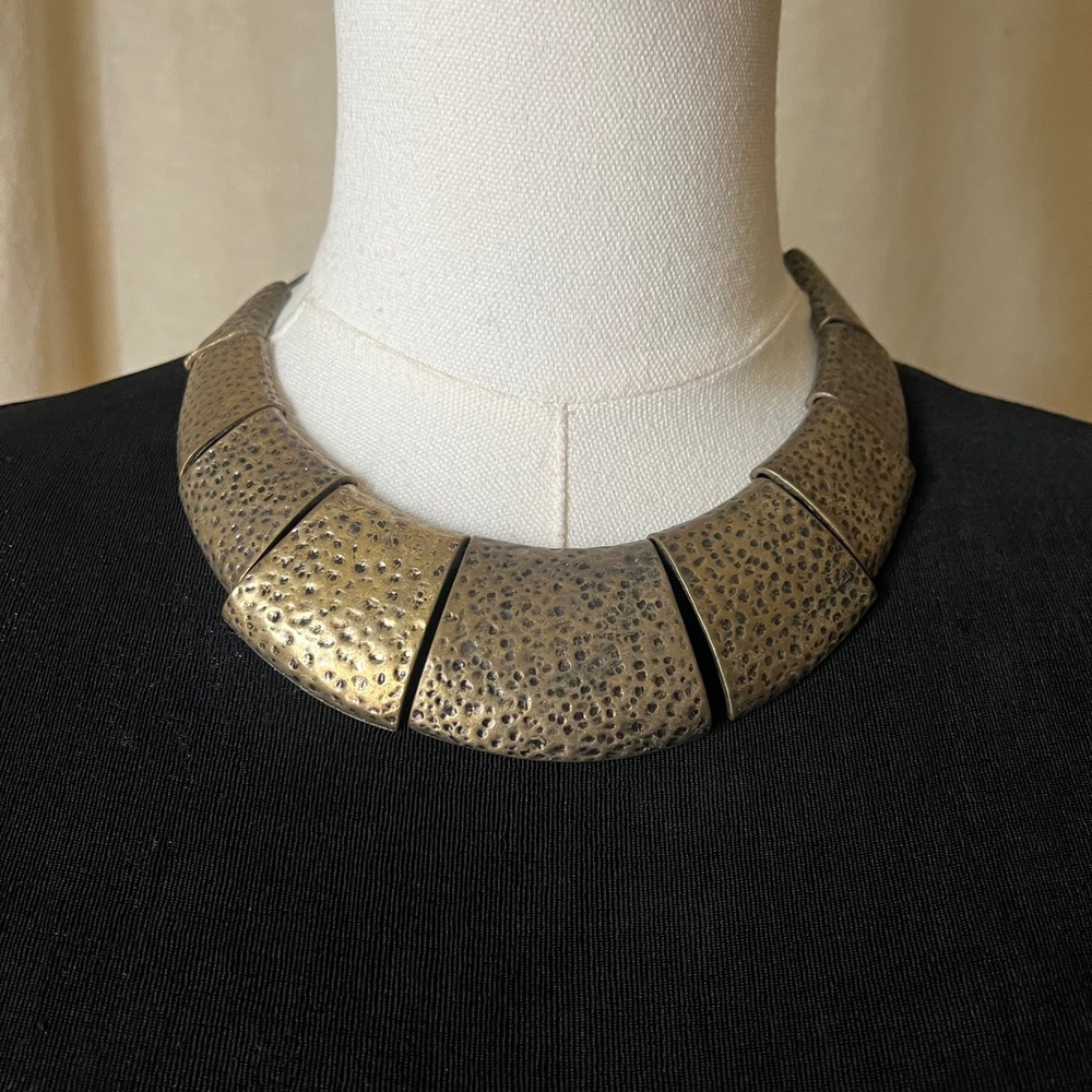 Hammered Gold Statement Collar Necklace Brutalist Sculptural Bib 17" Runway